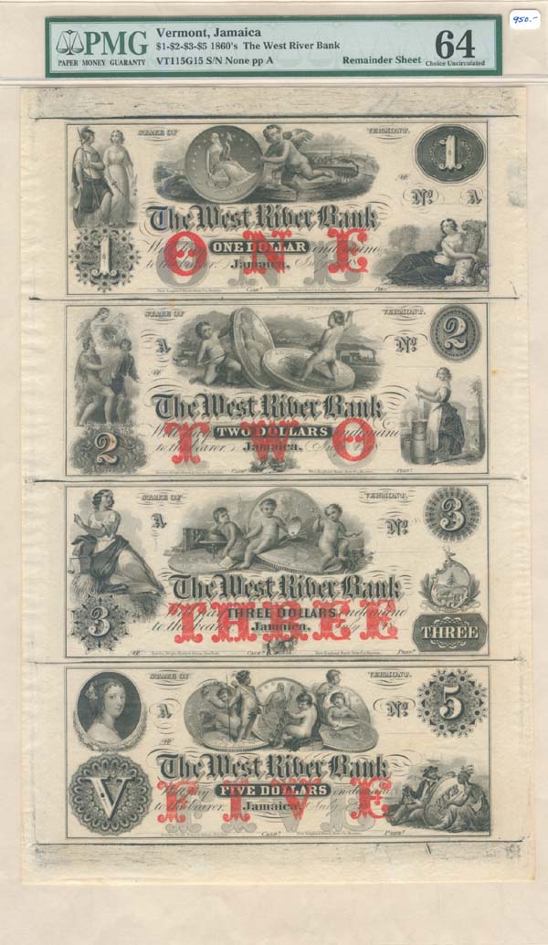 West River Bank - Uncut Obsolete Sheet - Broken Bank Notes - PMG Graded